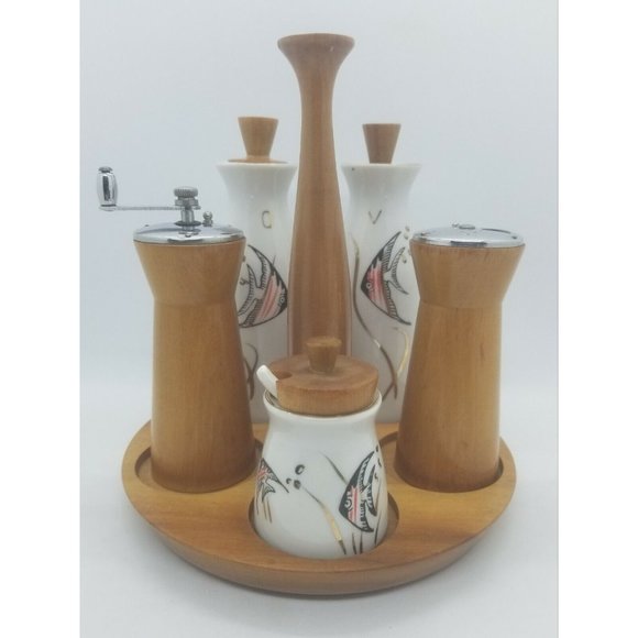 Mid Century Modern Woodpecker WoodWare Condiment Caddy Angel Fish Cruet Set MCM - Picture 1 of 12